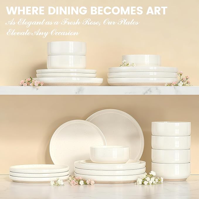 Plates and Bowls Sets Scratch Resistant Dinnerware Sets for 8 24 Pieces Porcelain Ceramic Dishware Dishes Set Modern Stoneware Kitchen Dinner Set Microwave and Dishwasher Safe Cream White