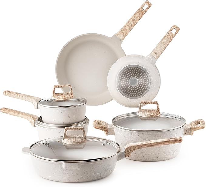 Happybuy 17-Piece Granite Nonstick Cookware Set – Induction-Ready Kitchen Kit with Frying/Sauce Pans Glass Lids &amp Pan Protectors Space-Saving Design for RVs Camping &amp Home Use (White)