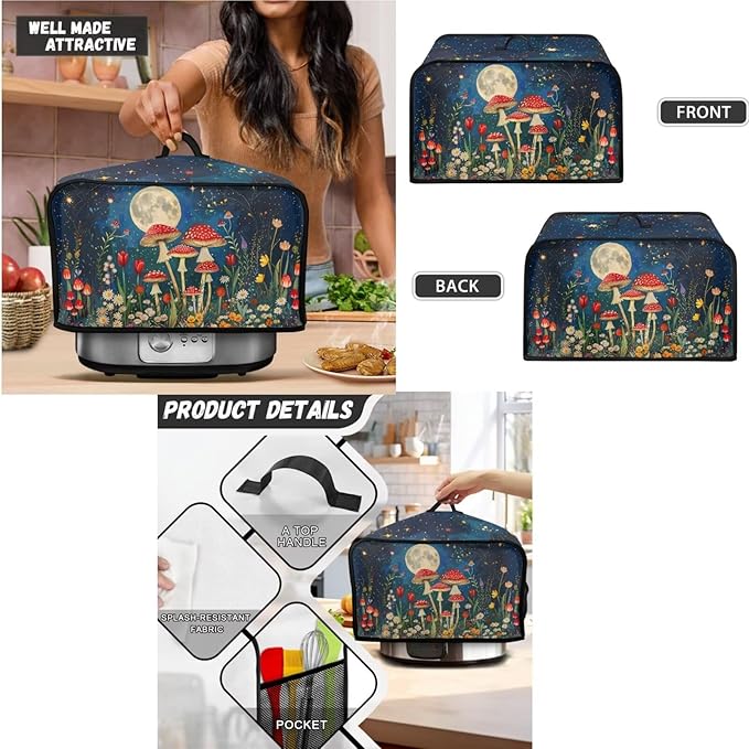 Unique Toaster 2 Slice Cover Thanksgiving Day Decorations Set Blender Bread Toaster Slow Cooker Cover Fit for Most 6-8 Qt Slow Cookers Mushroom Moon (Blue)
