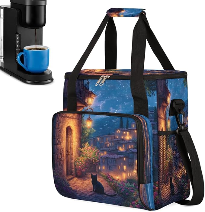 Light Night Scene Cat Coffee Maker Carring Bag Travel Carrying Storage Tote Bag Compatible with Keurig K-Mini or K-Mini Plus Portable Single Serve Coffee Brewer Case with Pockets for K-cup Pods