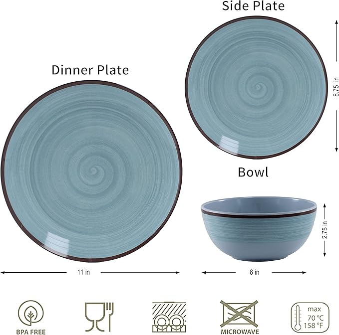 Melamine Dinnerware Set for 4 12Pcs Dinnerware Sets Mint Blue Plates And Bowls Sets Morden Dish Set Dishwasher Safe BPA Free(Green)