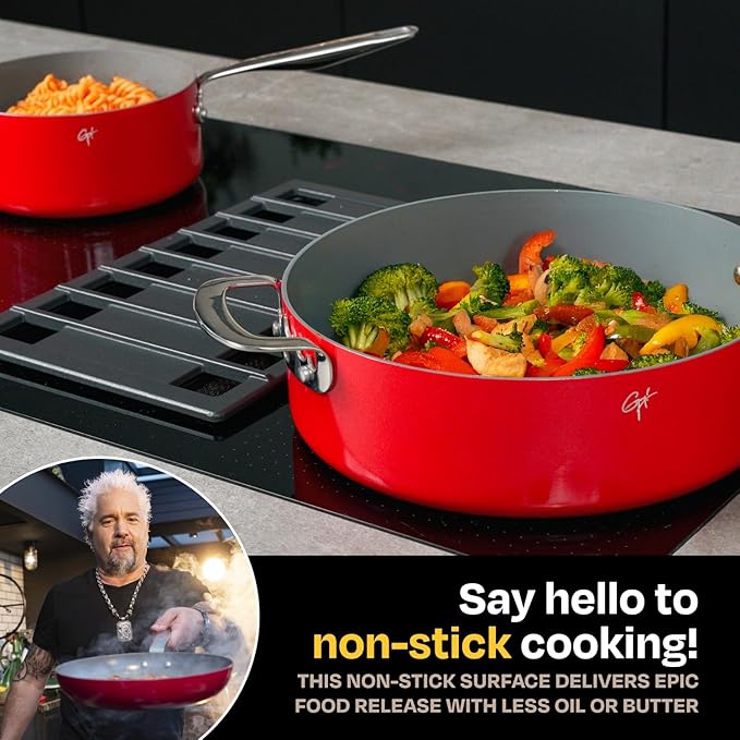 Guy Fieri's Flavortown 6-Piece Ceramic Cookware Set 8 &amp 10.2 Frypans 2QT Saucepan 3.2QT Sautépan Nonstick Made without PFAS PTFE PFOA Oven &amp Dishwasher Safe Easy to Clean Red