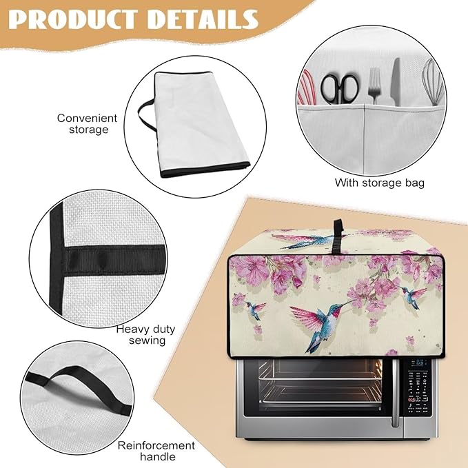 Hummingbird Print Toaster Oven Dust Cover with Accessory Pockets &amp Top Handle Stain Spills Protective Case for Kitchen Toaster Oven Appliances Decor