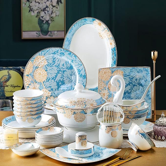 Bone China Dining Dishes Set 60 Pcs Dinnerware Set Home New Chinese Dinner Plate Light Luxury Modern Tableware Set Hand Glazing and Tough Texture