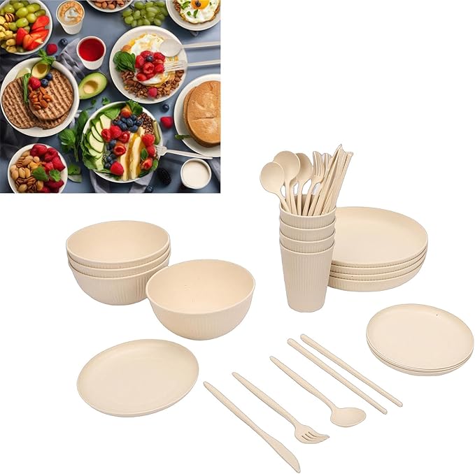 Dinnerware Sets Unbreakable Plates Bowls Cups for 4 People Shatterproof Dishwasher Microwave Safe with Storage Box Cutlery Set for Travel Camping Picnic Home Party