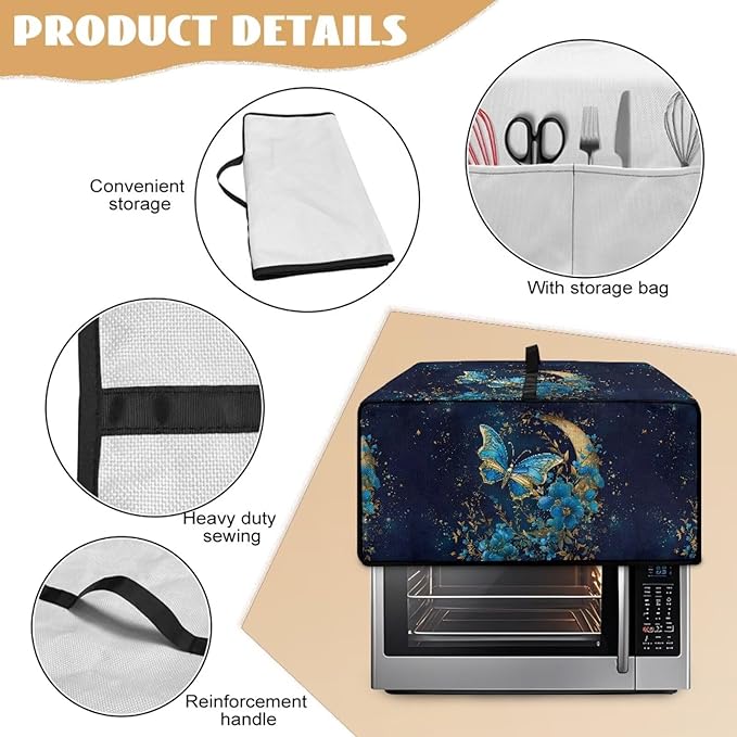 Heat-Resistant Toaster Oven Cover Faux Linen Polyester Appliances Dust Cover for Convection Toaster Oven Air Fryer with Top Handle Side Pockets Moon Butterfly Flower