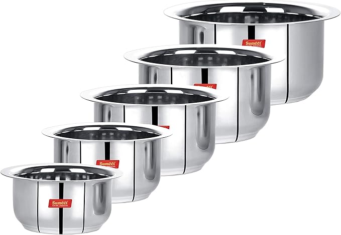 Sumeet Stainless Steel Friendly Tope/patila/cookware 370ML 550ML 800ML 1100ML1400ML 5 Piece (Steel)