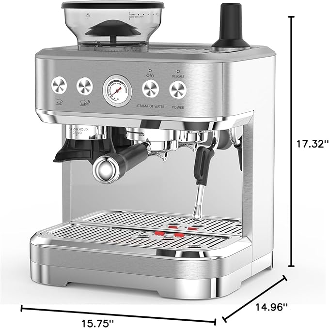 Coffee Maker with Bean Grinder Stainless Steel Body &amp Silver-Plated Basket Drip Coffee Machine for Home &amp Office US Standard