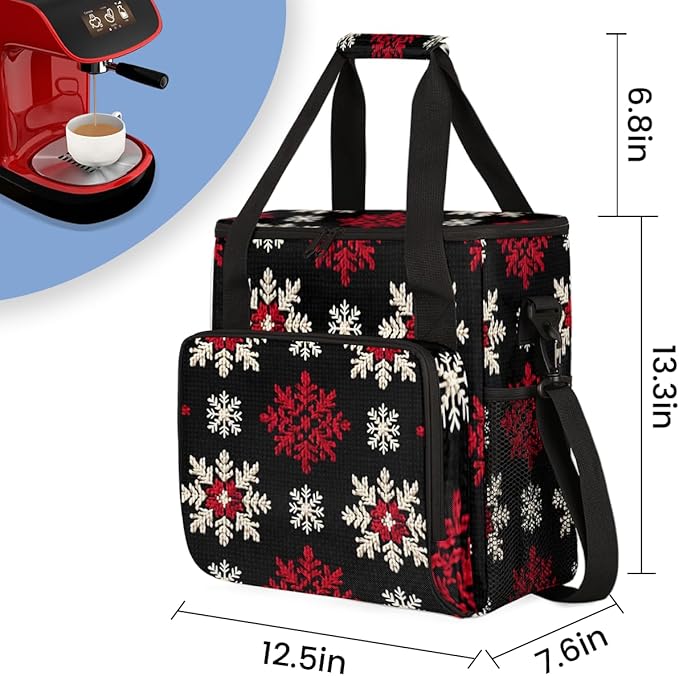 Christmas Snowflakes Coffee Maker Carrying Bag Retro Snowflakes Travel Storage Bag Compatible with K-Mini or K-Mini Plus Single Serve Coffee Brewer Carrying Case with Pockets &amp Shoulder Strap