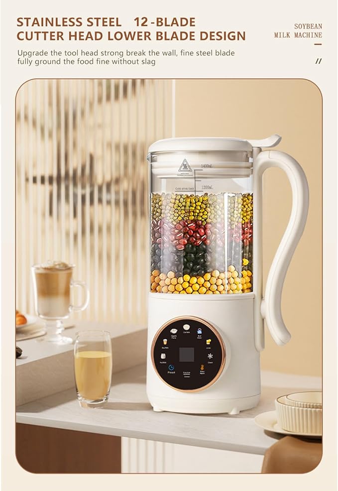 1.4L Nut Milk Maker Automatic Plant Based Milk Machine with 12 Blades Soy Milk Maker Juicer for Homemade Almond Oat Coconut Soy Milk DairyFree Beverages (US Plug)