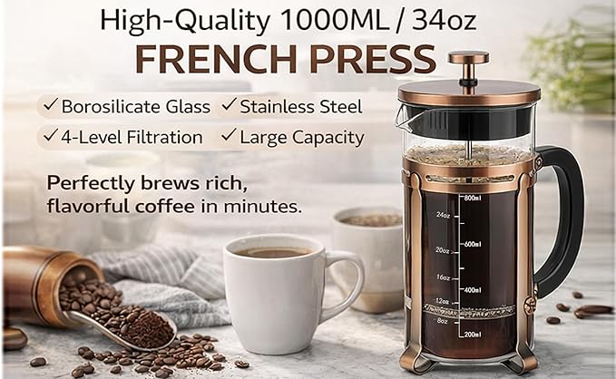 French Press Coffee Maker 34Oz Coffee Press with 304 Stainless Steel 4 Filters Borosilicate Glass Heat Resistant Carafe 100% BPA-Free Teapot &amp Coffee Press Copper Finish