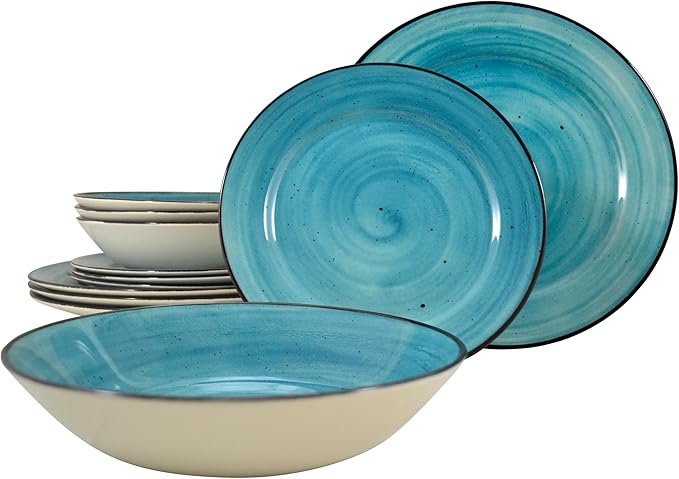 Tudor Royal 12-Piece Porcelain Round Dinnerware Set Service for 4 COSMICSTONE Design Plates Bowls Dishes Premium Quality Tableware Unique Pattern Glossy