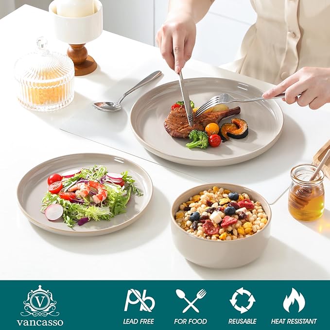 vancasso PLAYA Ceramic Plates and Bowls Sets24 Pieces Grey Dinnerware Sets for KitchenReactive Glaze Dishes Set for 8 Dishwasher and Microwave Safe