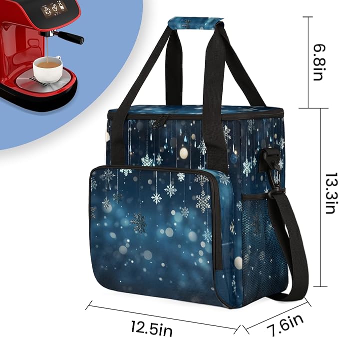 Xmas Snowflakes Coffee Maker Carrying Bag Fantastic Snowflakes Travel Storage Bag Compatible with K-Mini or K-Mini Plus Single Serve Coffee Brewer Carrying Case with Pockets &amp Shoulder Strap