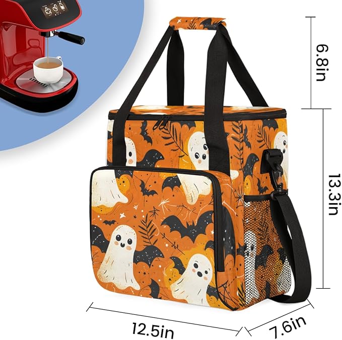 Spooky Ghosts Coffee Maker Carrying Bag Bright Ghosts Travel Storage Bag Compatible with K-Mini or K-Mini Plus Single Serve Coffee Brewer Carrying Case with Multiple Pockets &amp Shoulder Strap