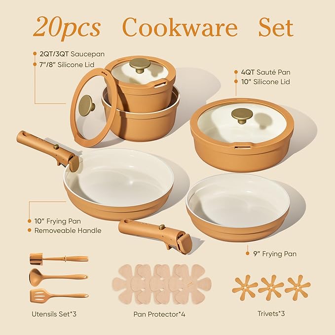 Carote 20pcs Ceramic Cookware Set with Detachable Handles Pots and Pans Set Non Stick RV Kitchen Cooking Pot and Pan Dishwasher Safe Non-toxic Induction Cookware PFAS and PFOA FreeOrange