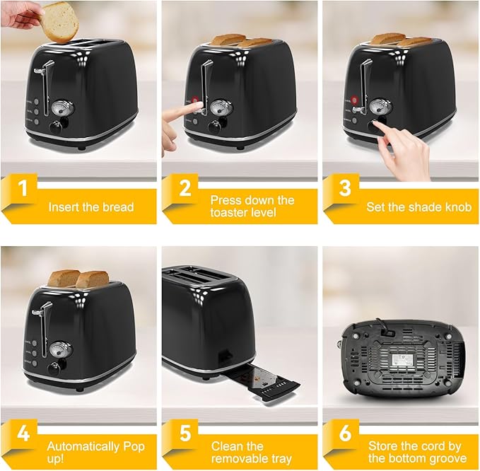 Toaster 2 sliceRetro Stainless Steel Toaster with 6 Settings 1.5 In Extra Wide Slots Bagel/Defrost/Cancel Function Removable Crumb Tray (Dark)