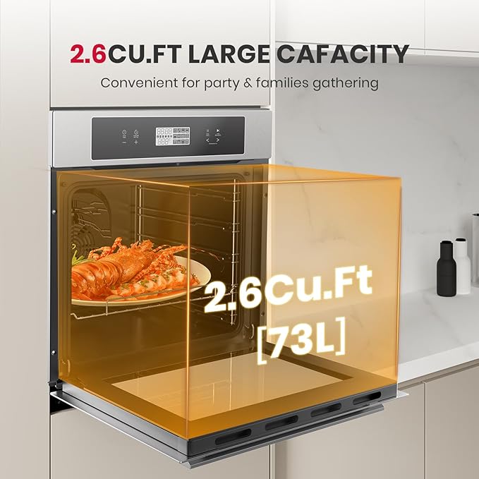 GASLAND 24 Inch Electric Wall Oven 2.6 Cu.ft Built-in Single Wall Oven 12 Cooking Functions 3D Heating Convection Oven with Rotisserie Touch Control Safety Lock ETL Certified Stainless Steel