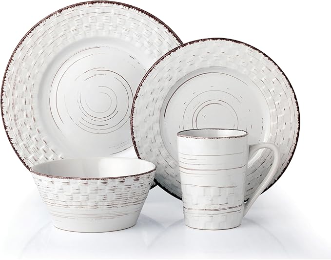 Lorren Home Trends 16 Piece Distressed Weave Dinnerware Set-White