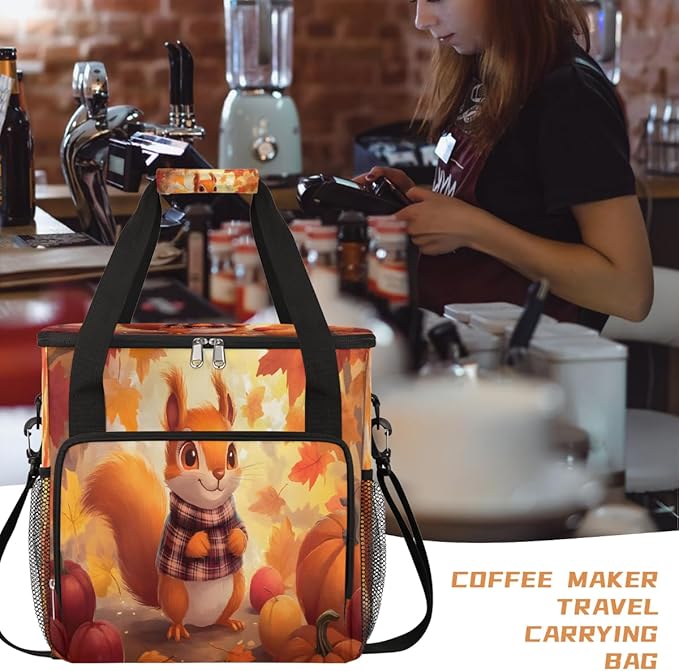Cartoon Squirrel Pumpkin Maple Leaf Coffee Maker Carring Bag Travel Carrying Storage Tote Bag Compatible with Keurig K-Mini or K-Mini Plus Portable Single Serve Coffee Brewer Case with Pockets