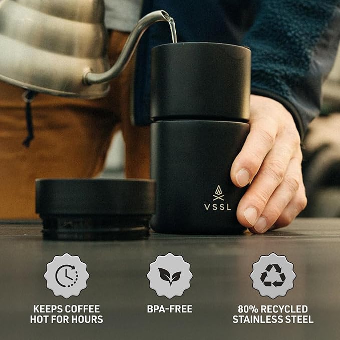 VSSL - Nest Pour Over Coffee Set | Coffee Maker for Camping | All-In-One Travel Pour Over | Transportable Dripper 10oz Stainless Steel Travel Mug | Compact Storage &amp Adventure Ready | Black