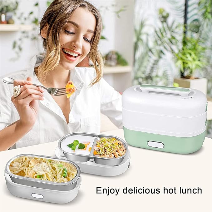 Automatic Cooking Electric Lunch BoxPortable Cooking Steam Lunch Box 1.2L Food Grade Mini Rice Cooker with 2 Stainless Steel Containers Suitable for Office and School 110V 350WPink (Green)