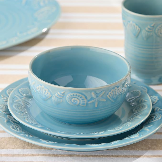 Coastline Blue 16-Piece Stoneware DINNERWARE SETSERVICE for 4with embossed coastal shells and starfish durable sea-blue tableware for relaxed coastal living everyday meals
