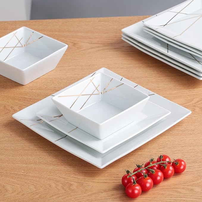 DOMINI 12-Piece Kitchen Dinnerware Set Service for 4 Porcelain Dishes Dinner Set Square Dinnerware Sets with Dinner Plates Dessert Plates and Pasta BowlsWhite gold line