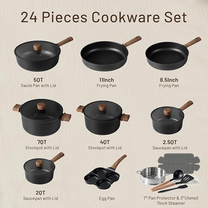 CAROTE 24Pcs Nonstick Kitchen Titanium Cookware Sets Non stick Pots and Pans set Induction Cookware Set Black