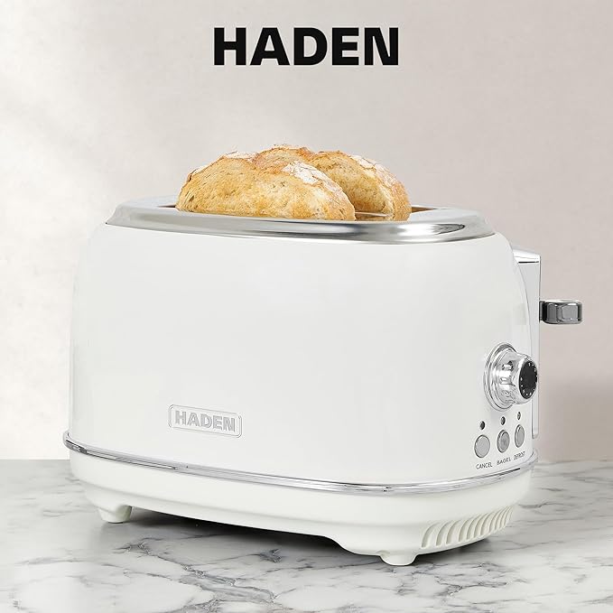 Haden Heritage 2-Slice Wide-Slot Toaster Stainless-Steel Bread Toaster with Adjustable Browning Control Non-Slip Feet &amp Crumb Tray Ivory &amp Chrome