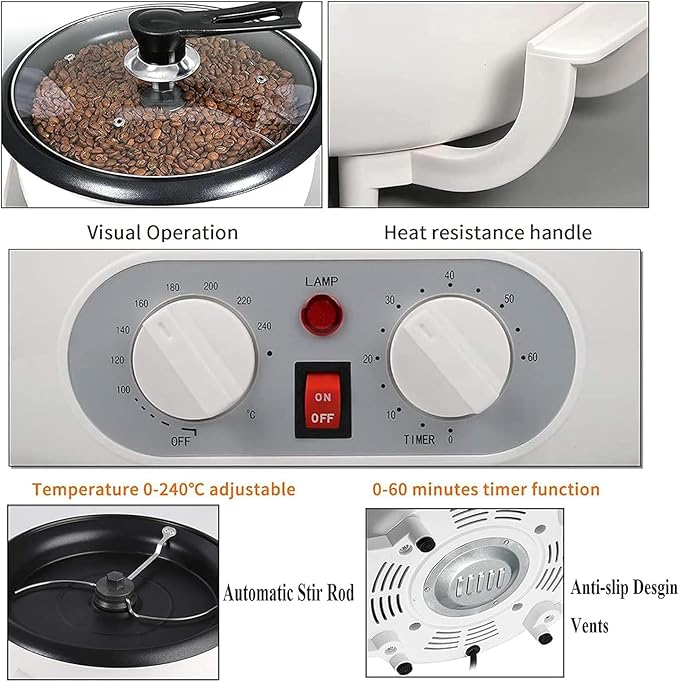 Coffee Roaster 1200W Grain Food Burning Machine 0-240℃ Temperature Adjustable And 0-60 Min Adjustable Coffee Maker For Coffee Raw Beans Peanuts Cereals Herbal Baking