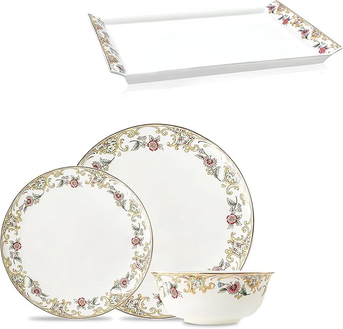 ACMLIFE Bone China Dinnerware Set for 4 Vintage Floral Design Mount Fuji Inspired Serving Tray Included