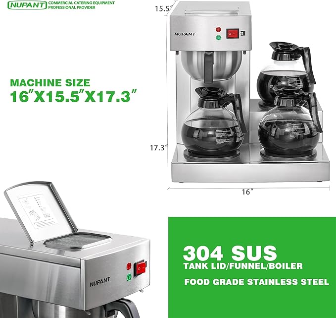 12 Cup Commercial Coffee MakerDrip Coffee Maker Machine with 3 Warmers Plate and 3 Glass Decanters Stainless Steel Pour Over Commercial Coffee Brewer for Restaurant Office Cafe Use