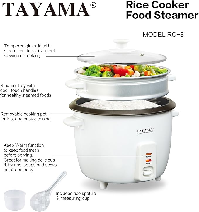 Tayama RC-8 Rice Cooker with 8 Cup Steam Tray White