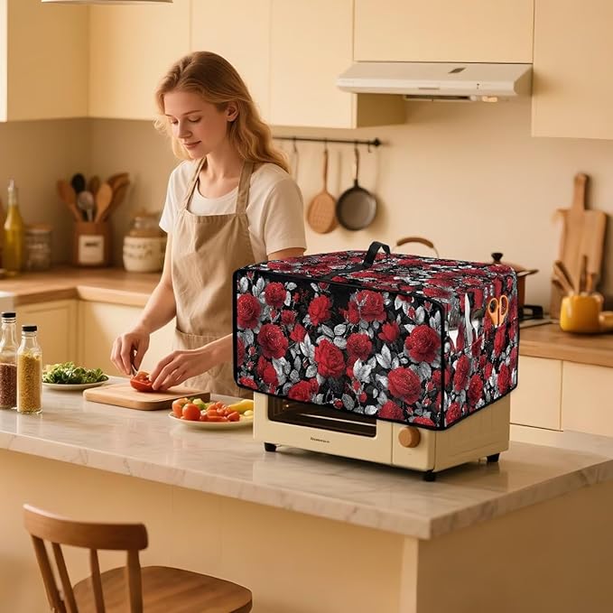 Doojoayie Waterproof Toaster Oven Cover 8 Slice Bread Machine Cover Universal Fit Small Appliance Dust Protector Simple Style Kitchen Decoration Rose Print