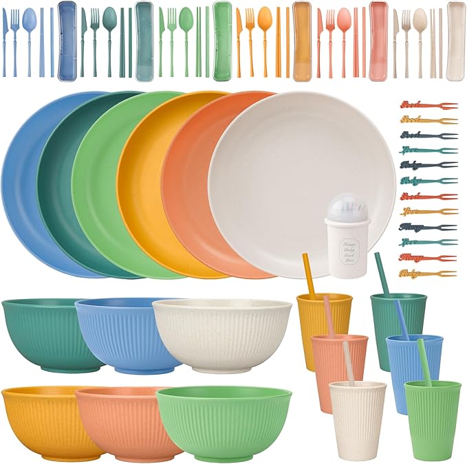 66pcs Unbreakable Tableware Sets for 6 People Plastic Plates and Bowls SetLightweight Plastic Reusable Plates Bowls CupsCutlery Set Straw ForksChildren Dinnerware Set
