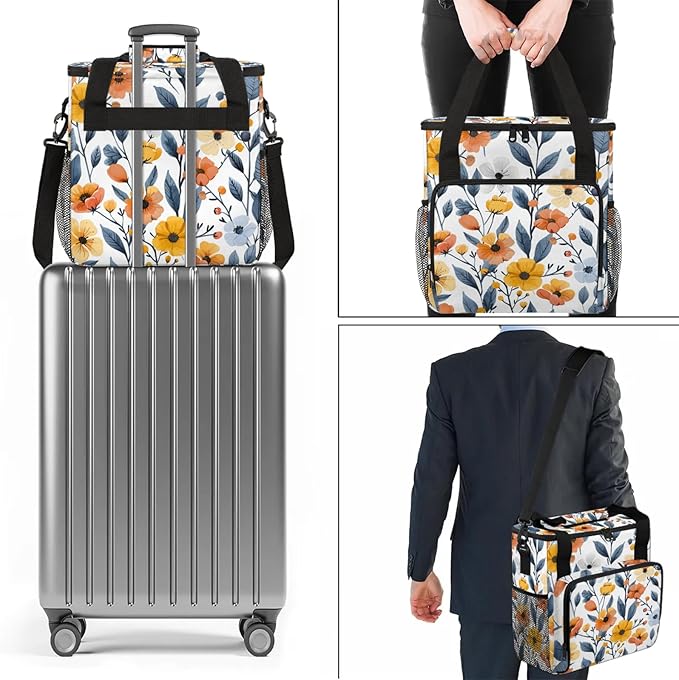 Flower Print Coffee Maker Carring Bag Large Insulated Storage Organizer Case Tote Bags with Shoulder Strap for Travel Work Picnic