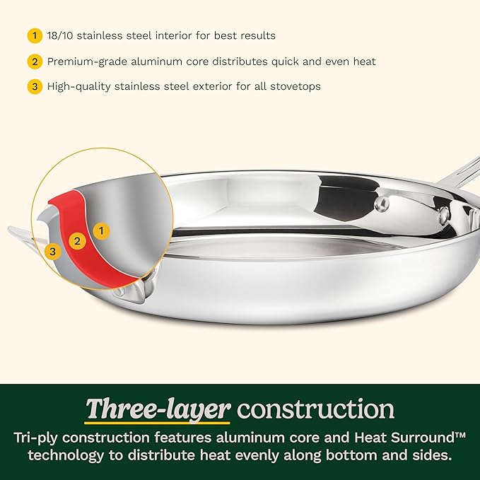 Cuisinart PureClad™ PureClad™ Triple-Ply 12 Stainless Steel Skillet with Helper Handle and Cover. PCT22-30HC