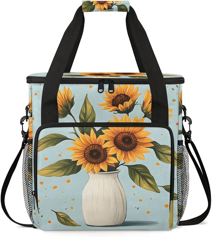 Sunflowers Vase Coffee Maker Travel Bag for Keurig K-Mini/K-Mini Plus Insulated Waterproof Tote with Pockets for K-Cup Portable Single-Serve Brewer Case