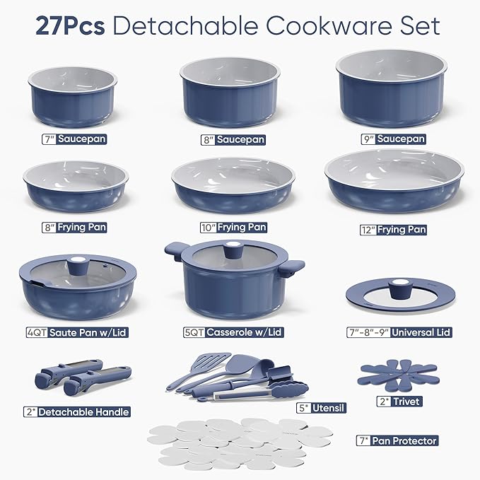 CAROTE 27pcs Ceramic Cookware Set Nonstick Pots and Pans Set Non Stick Non Toxic Cookware Detachable Handles Dishwasher/Oven Safe RV/Camping Cookware Pan and Pot with Kitchen Utensils Navy Blue