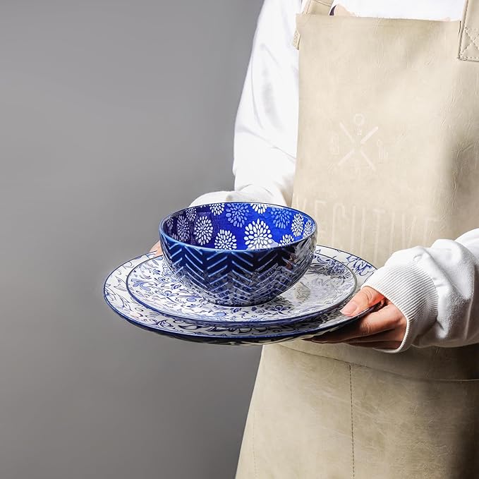 Selamica Ceramic Plates and Bowls Sets 32 Pieces Dinnerware Sets for 8 Scratch Resistant Embossed Dishes Set for Family Gatherings Dishwasher &amp Microwave Safe Dark Blue