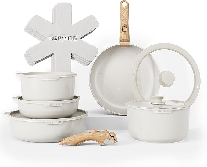 Country Kitchen Cookware Set with Removable Handle Oven &amp RV Safe Pots and Pans Set Cream Gold Speckle Wood Handle Original
