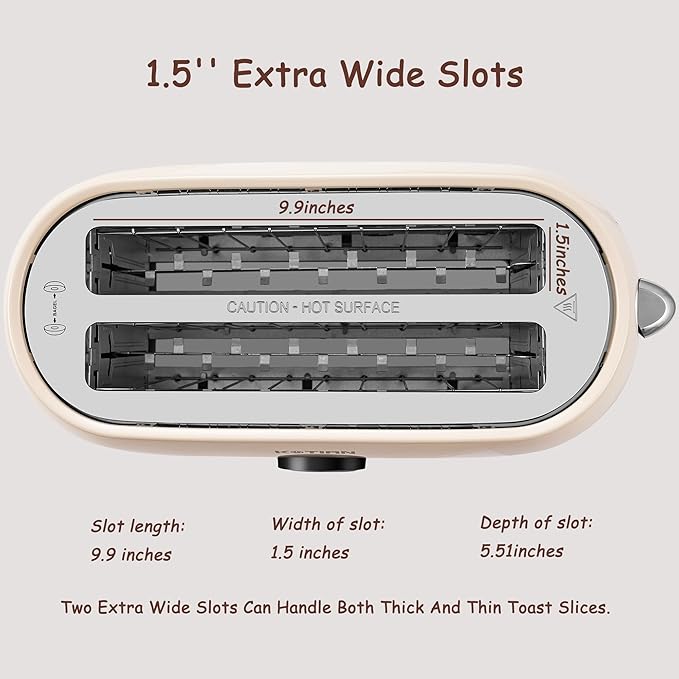 Toaster 4 Slice KOTlAN Retro Long Slot Toasters with CountdownTimerStainless Steel ToasterBagelDefrostReheatCancel FunctionsExtra Wide Slots6 Toast SettingsRemovable Crumbs TrayWhite