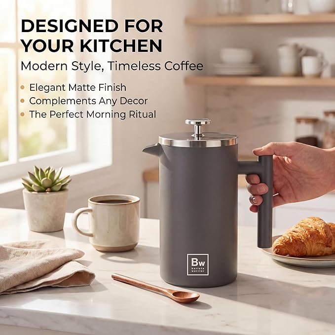 Barista Warrior French Press Coffee Maker Stainless Steel with Built-In Thermometer - Insulated Double Wall Design Dual Filter System Stay-Cool Handle &amp Wood Spoon - Grey