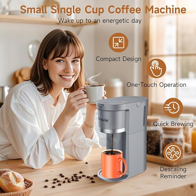 Small Single Serve Coffee Maker 2 in 1 Fast Brew One Cup Coffee Machine 6 to 12 oz. Brew Sizes Capsule Coffee Machine with Descaling Reminder Fits 5.5 Mug Grey