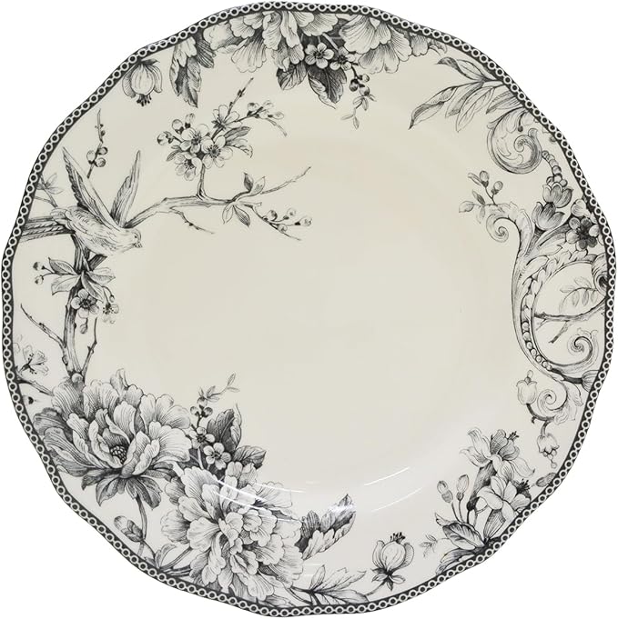 222 Fifth Adelaide 16-Piece Casual Grey Porcelain Dinnerware Set – Service for 4 Classic Toile Bird &amp Floral Design Microwave &amp Dishwasher Safe for Everyday Dining &amp Entertainment