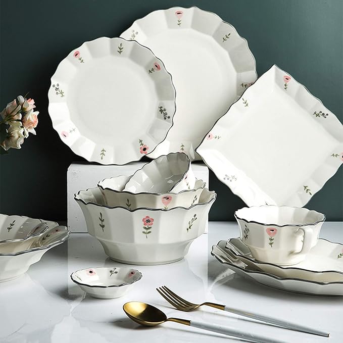 Ceramics Dinner Sets 38 Pieces Petal Shape Porcelain Dinnerware Set | Cereal Bowl and Steak Plate for Family Gathering and Wedding Gifts
