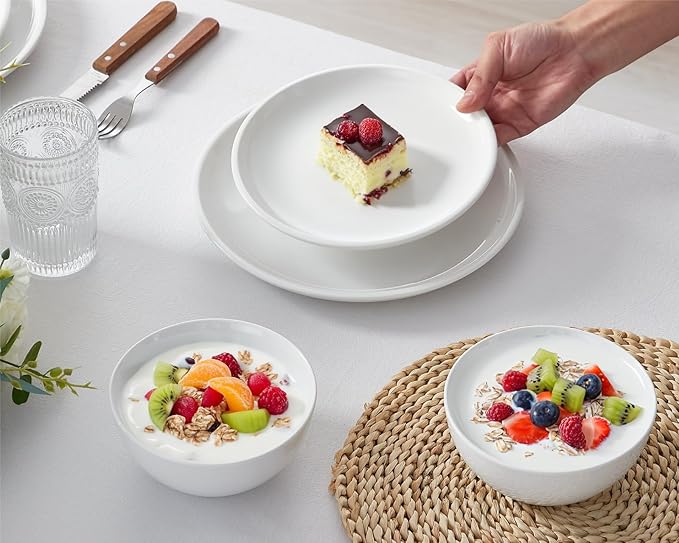 ONEMORE Plates and Bowls Set for 4 - Microwave &amp Dishwasher Safe Porcelain Dinnerware Set Service for 4 - Ceramic Dishes Set(12 Pcs) - White