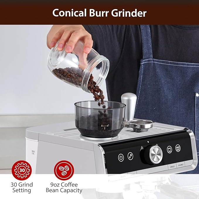 Semi-Automatic coffee Machine - 1450W/20 Bar Professional Coffee Machine 30 Grinder Settings Fast Heating Milk Frother Steam Wand Home &amp Hotel Use silver gray