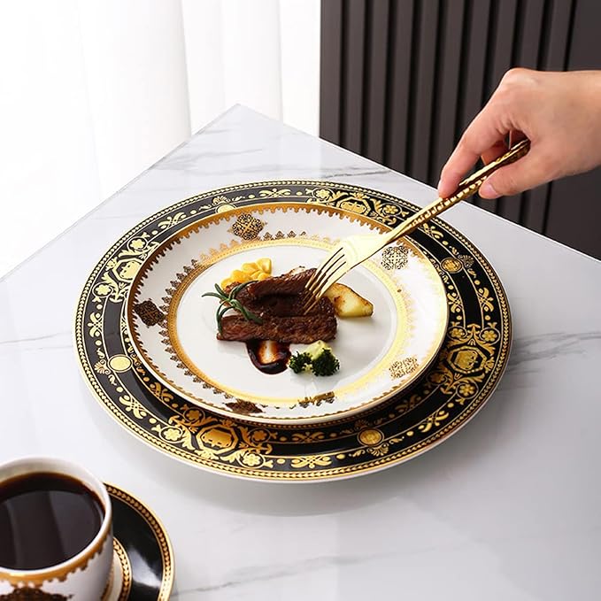 24 Piece Dinnerware Sets for 6 Bone China dishes set with Dinner Plate coffee cups and saucersScratch Resistant Dishwasher Safegold